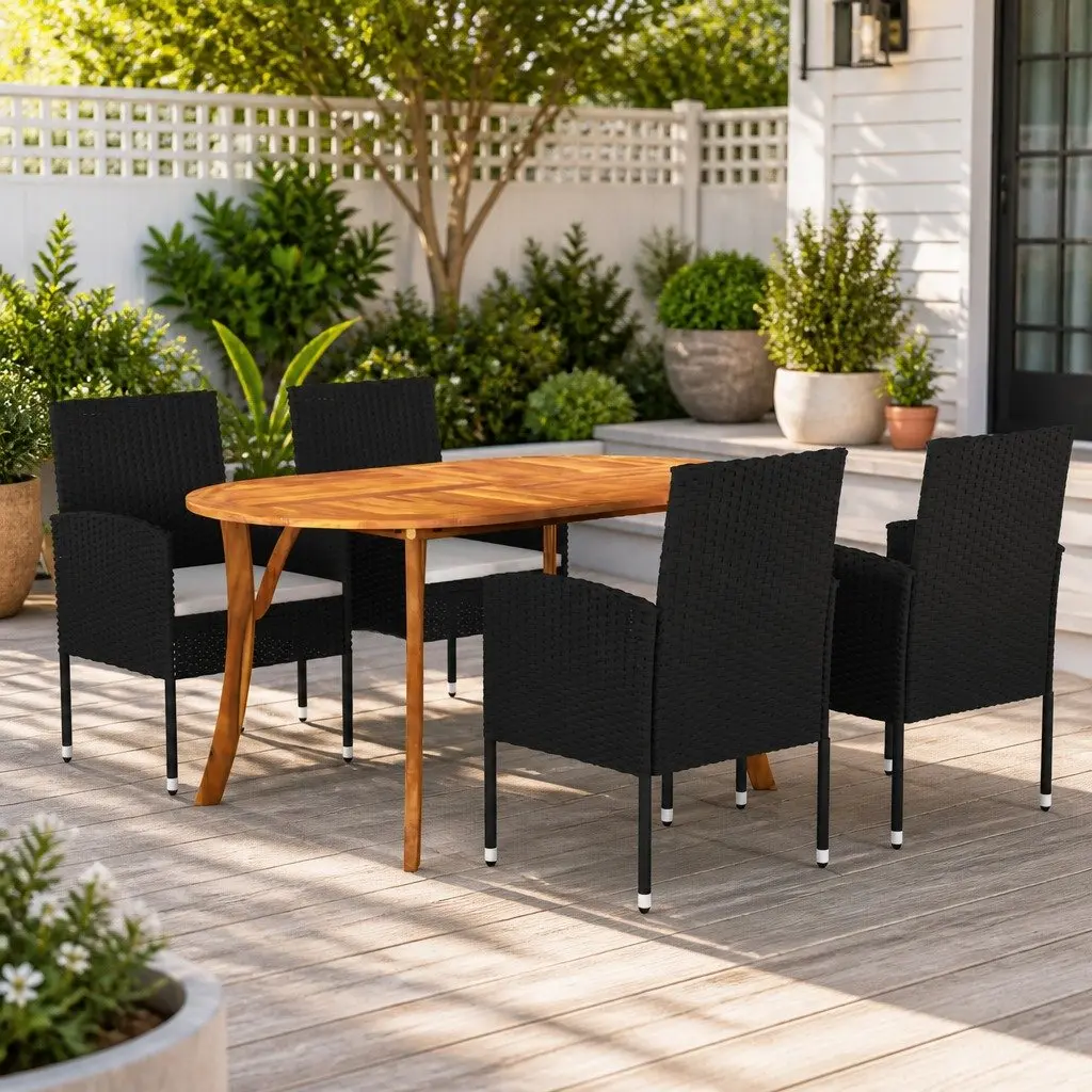 Garden Dining Set Black 5 Piece Outdoor Table Chairs Acacia Wood Rattan