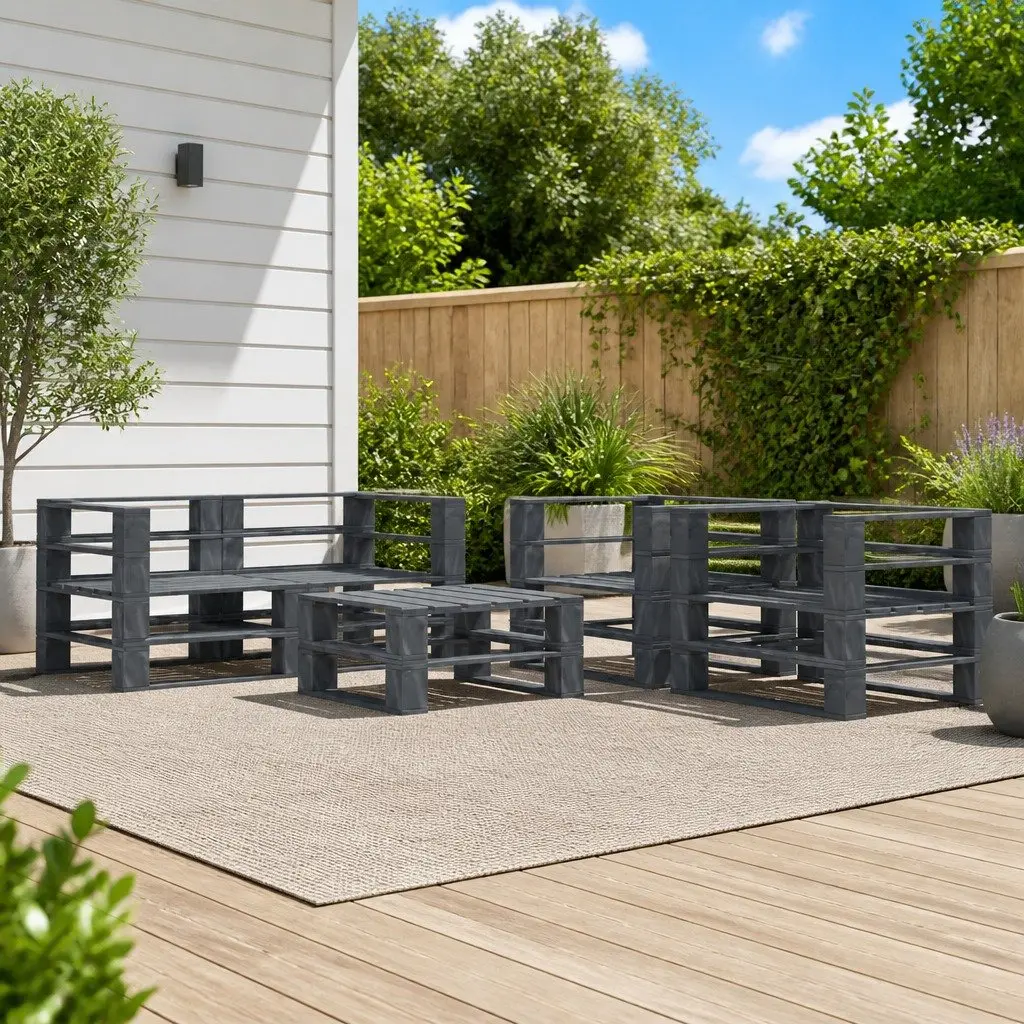 5 Piece Garden Pallet Lounge Set Grey Pinewood Outdoor Furniture Patio Sofa Coffee Table