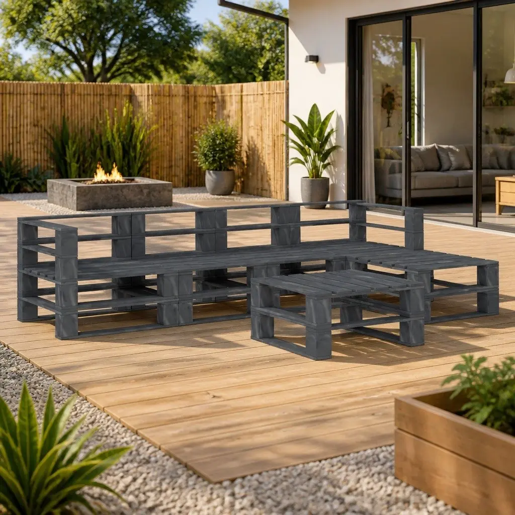 Garden Pallet Lounge Set 6 Piece Outdoor Furniture Grey Wooden Patio Sofa