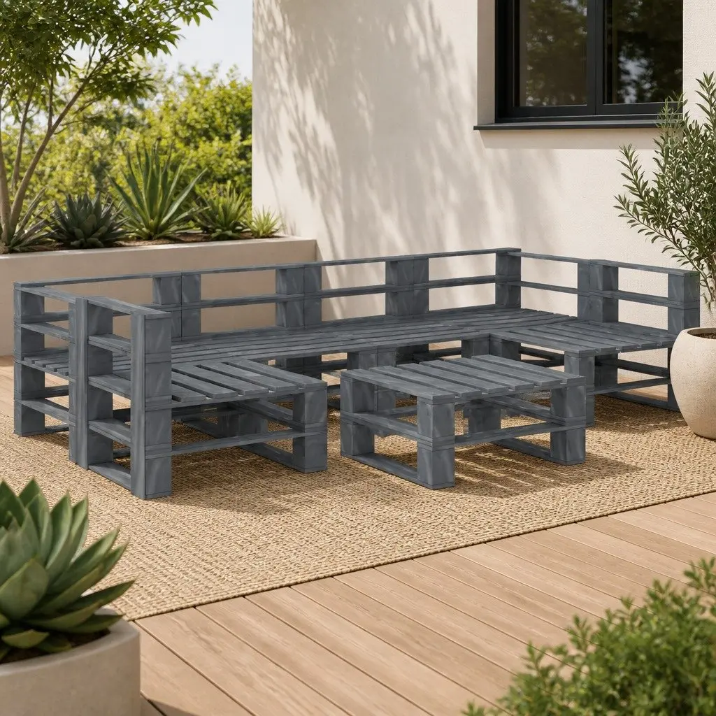 7 Piece Garden Pallet Lounge Set Wooden Outdoor Furniture Grey Patio Sofa