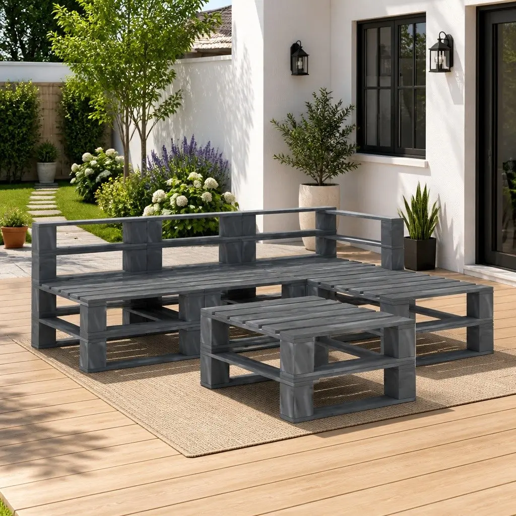Garden Pallet Lounge Set Grey 5 Piece Outdoor Furniture Pinewood Durable Weather Resistant
