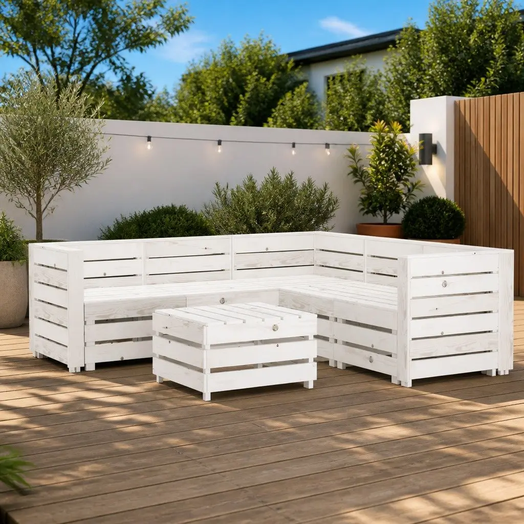 Garden Lounge Set White 6 Piece Pallet Furniture Outdoor Patio Sofa Coffee Table