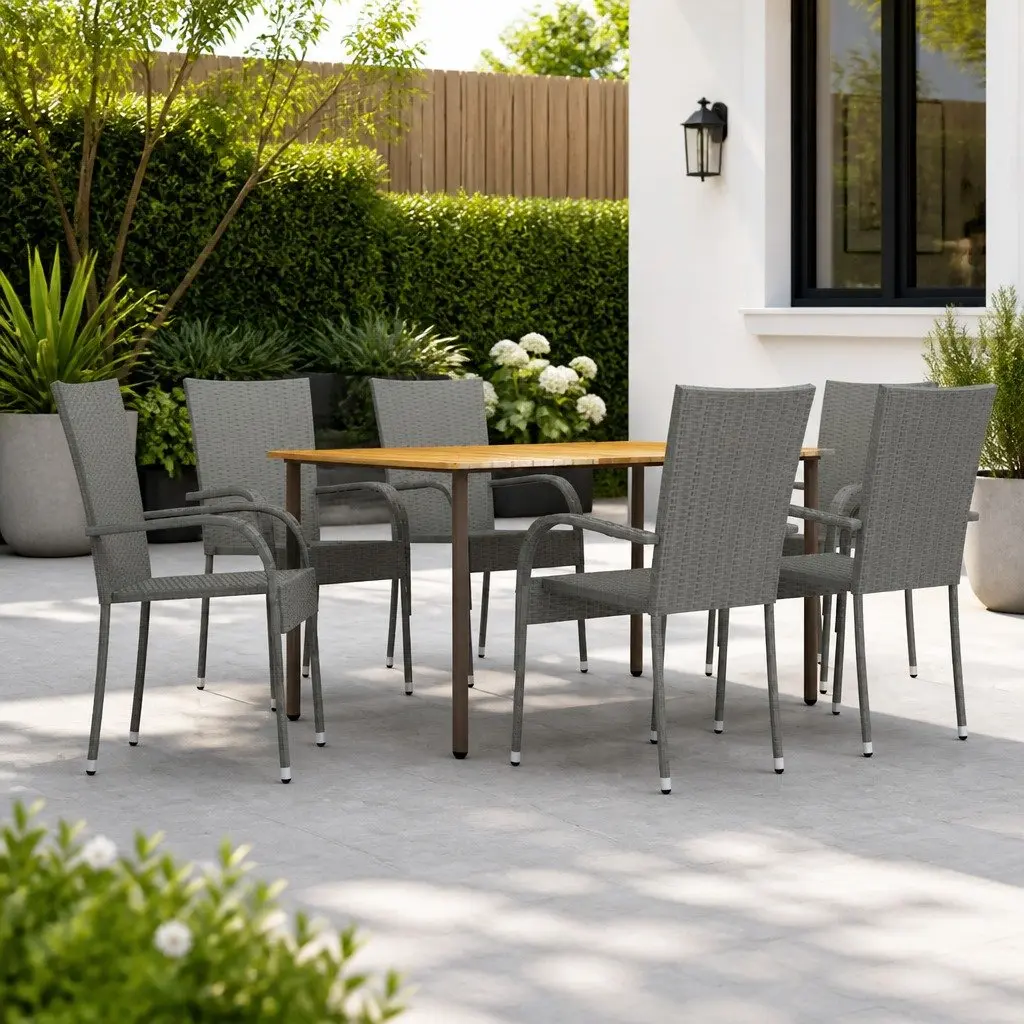 7 Piece Garden Dining Set Grey Outdoor PE Rattan Steel Frame Acacia Wood Table Chairs