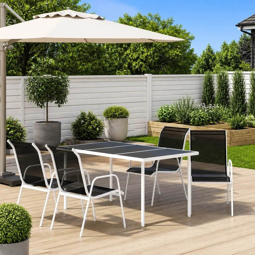 5 Piece Outdoor Dining Set Black Steel Frame Stackable Chairs Table