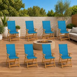 Outdoor Teak Wood Chairs with Blue Cushions - 8 Pack
