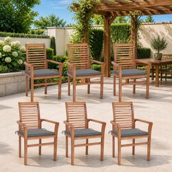 Outdoor Dining Chairs Set 6 pcs Teak Wood Stackable Garden Seating Grey Cushions