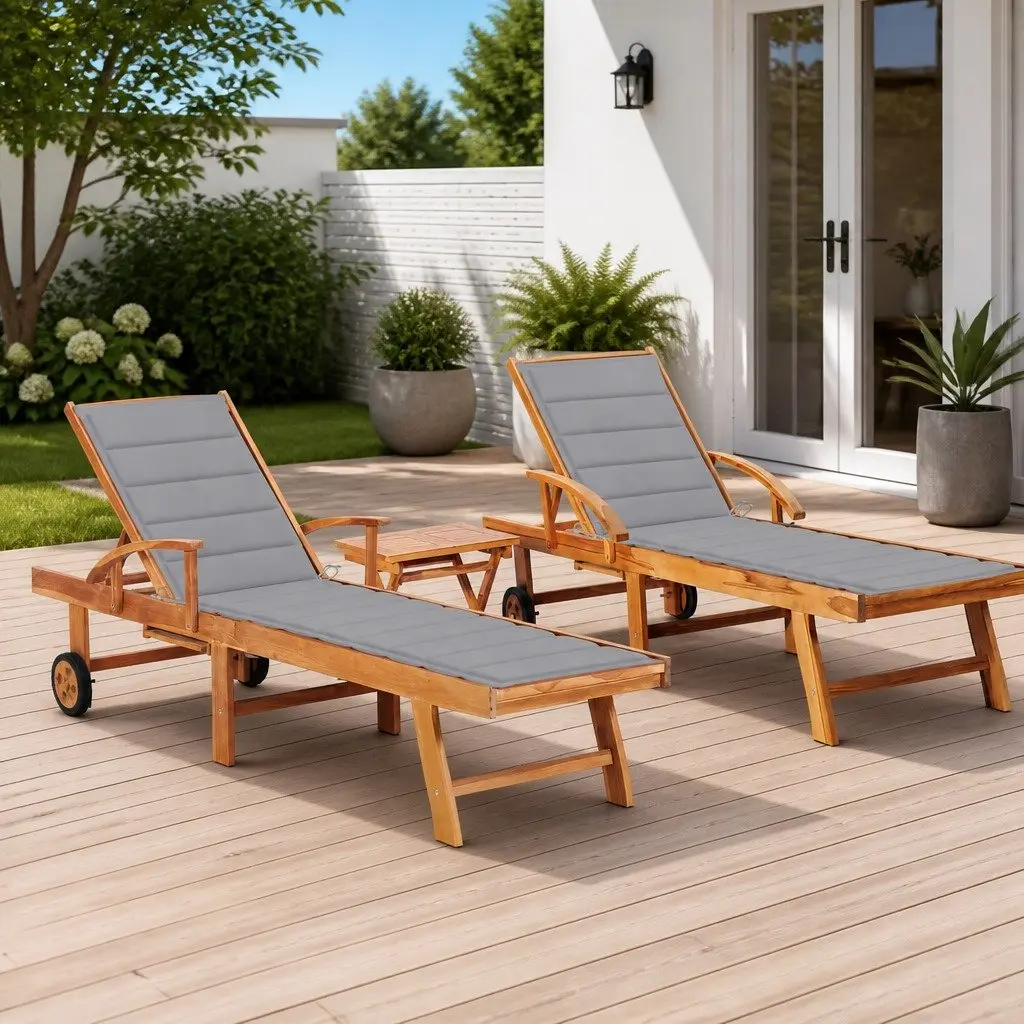 Sun Lounger Set Grey Teak Hardwood 2 pcs Adjustable Backrest with Cushion and Side Table