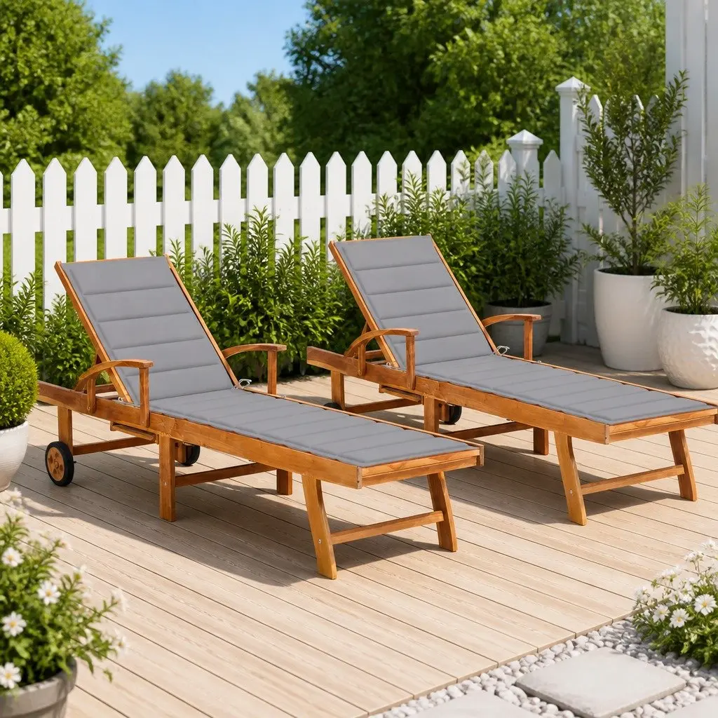 Sun Lounger Teak Wood Grey Cushion 2 pcs Adjustable Backrest