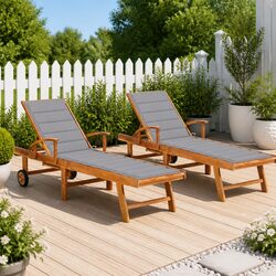 Adjustable Teak Wood Sun Lounger with Grey Cushion for Outdoors
