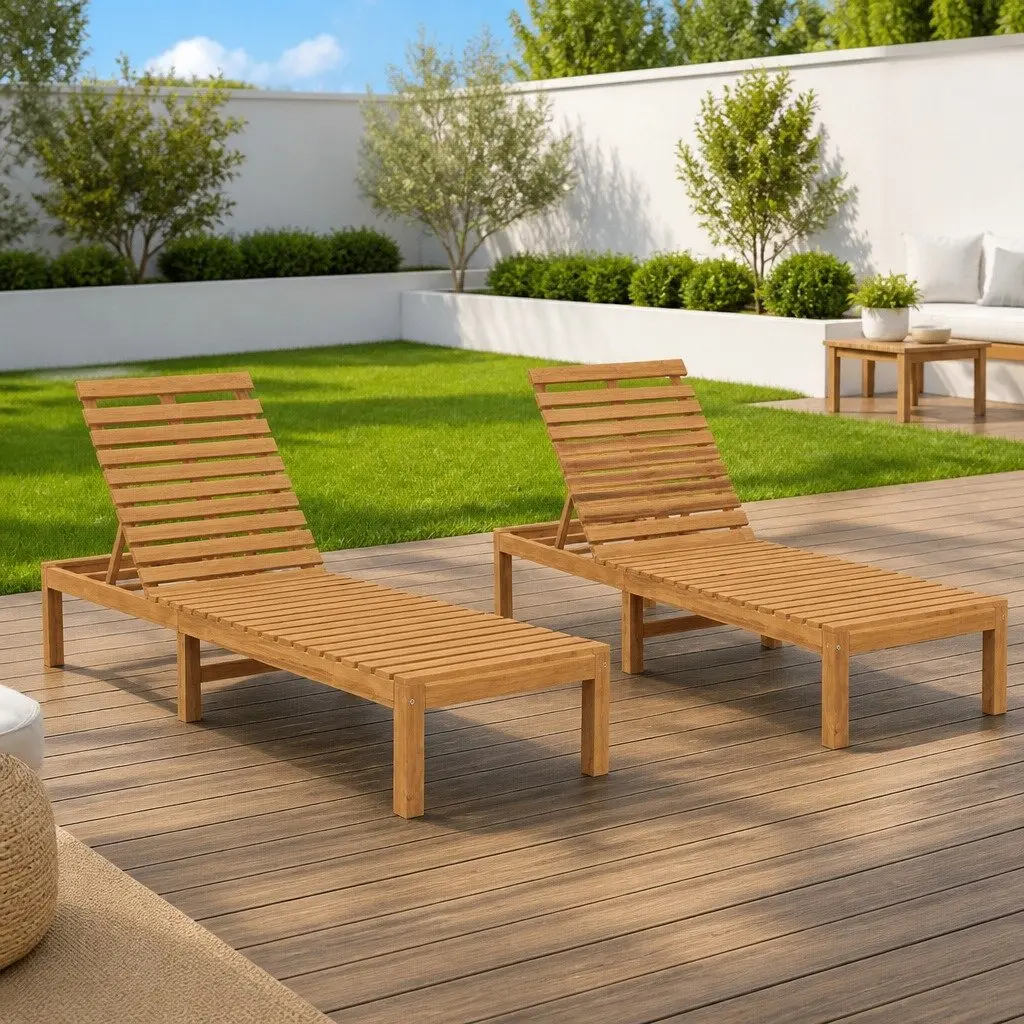 Sun Lounger 2 pcs Solid Teak Wood Adjustable Backrest Outdoor Garden Lounger