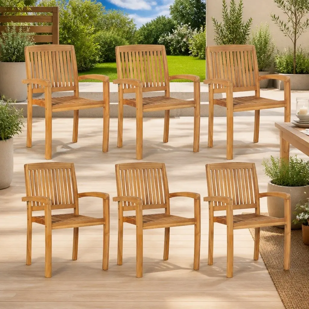 Outdoor Garden Chairs Set Brown 6 Piece Stackable Wooden Patio Seating