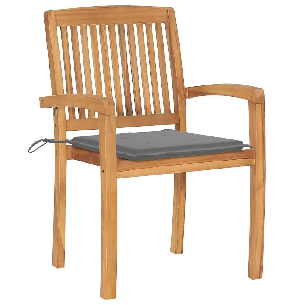 Outdoor Stacking Garden Chairs Grey Teak Wood Set of 4 with Cushions