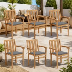 Set of 6 Stackable Garden Chairs with Grey Cushions