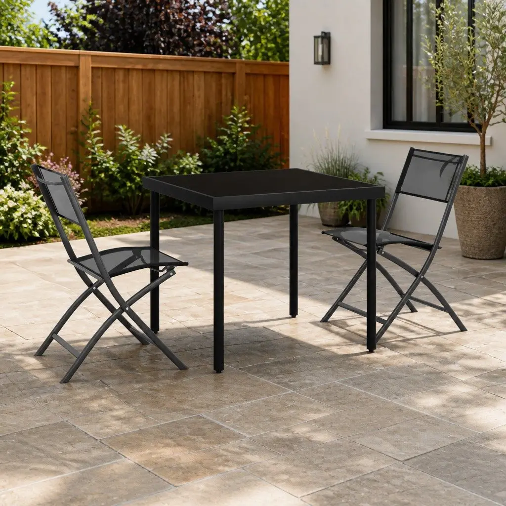3 Piece Outdoor Dining Set Black Steel Frame Foldable Chairs