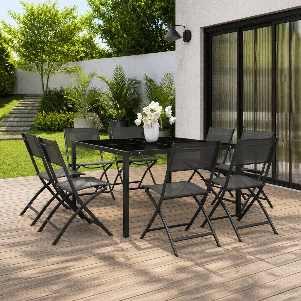 Outdoor Dining Set Grey 9 Piece Steel Frame Table Chairs Stackable