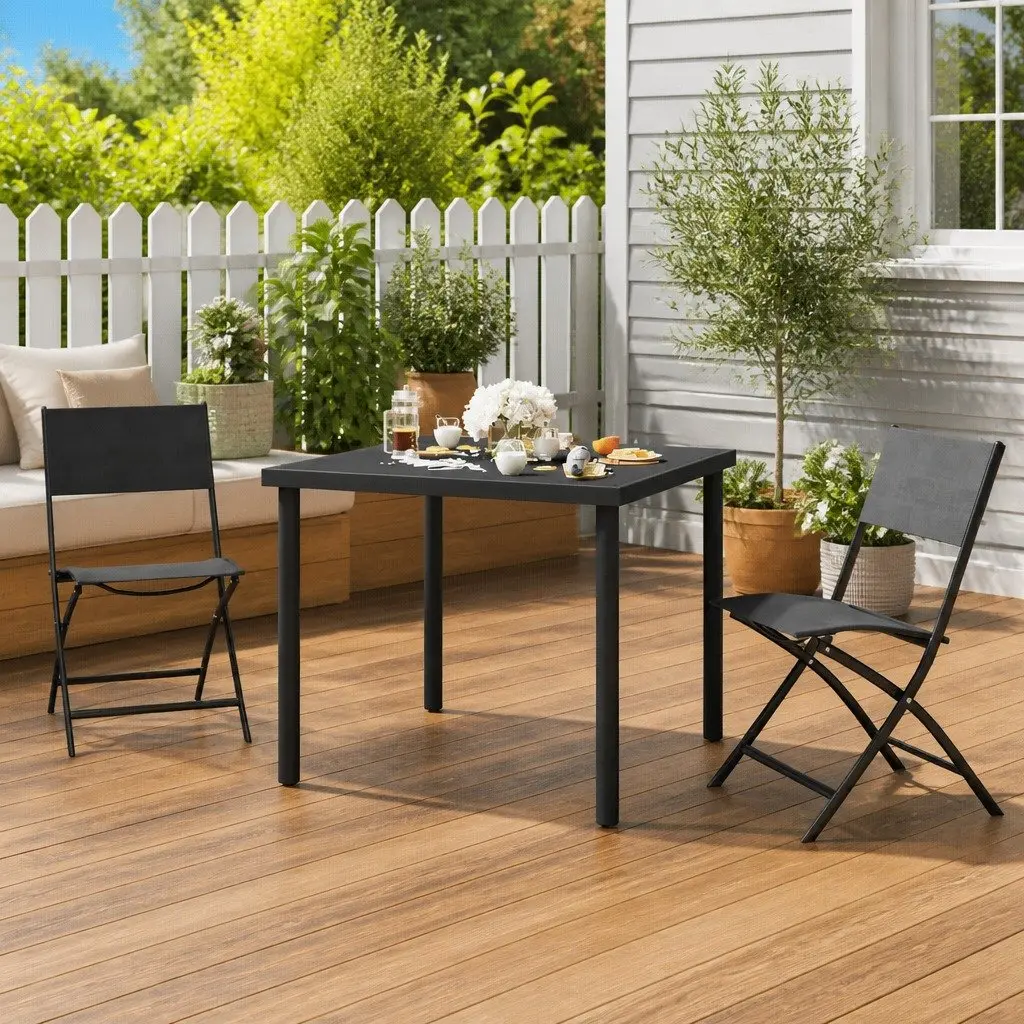 3 Piece Outdoor Dining Set Black Steel Frame Stackable Chairs