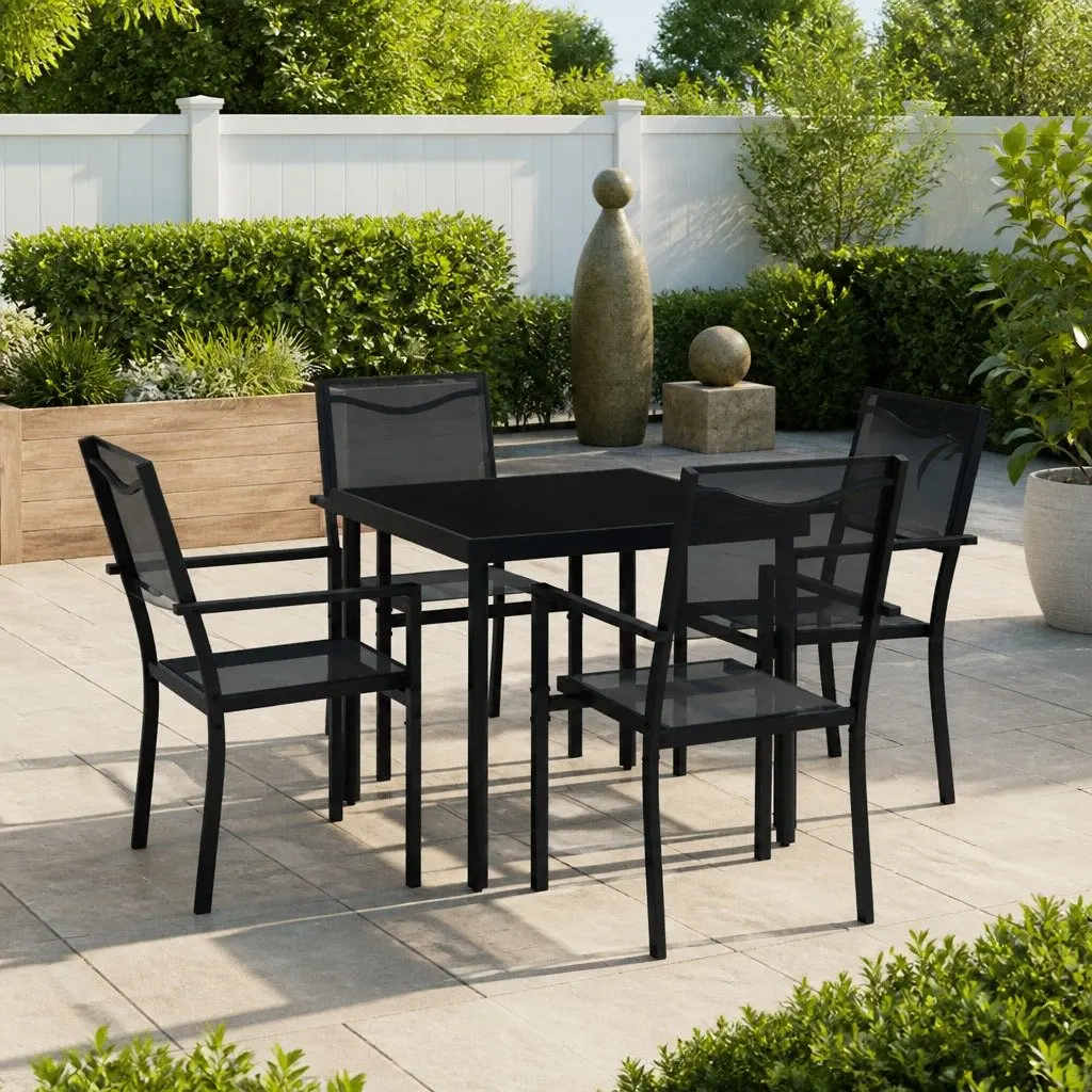 Outdoor Dining Set Black 5 Piece Steel Frame Table Chairs