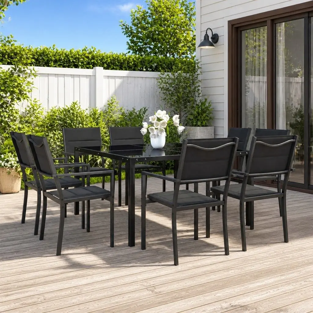 Outdoor Dining Set Grey 9 Piece Steel Frame Stackable Chairs