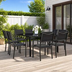 Outdoor Dining Set 9 Piece Garden Furniture Steel Frame Stackable Chairs Grey