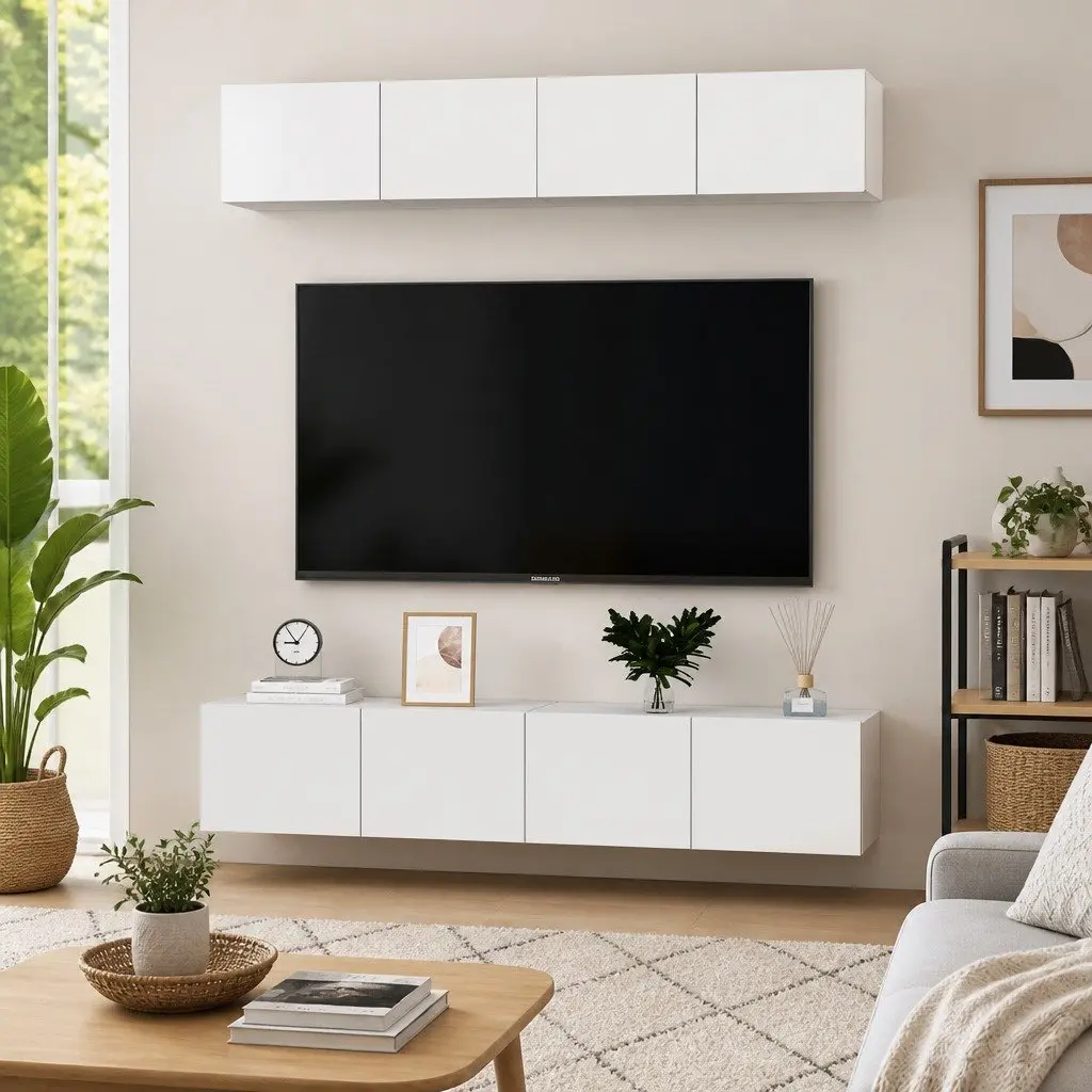 Wall Mounted TV Cabinet Set 4 pcs White Storage Unit Engineered Wood Shelving