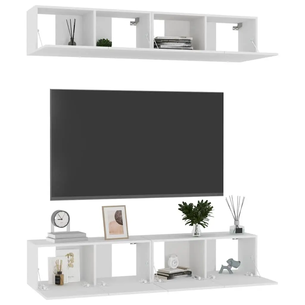 Wall Mounted TV Cabinet Set 4 pcs White Storage Unit Engineered Wood Shelving