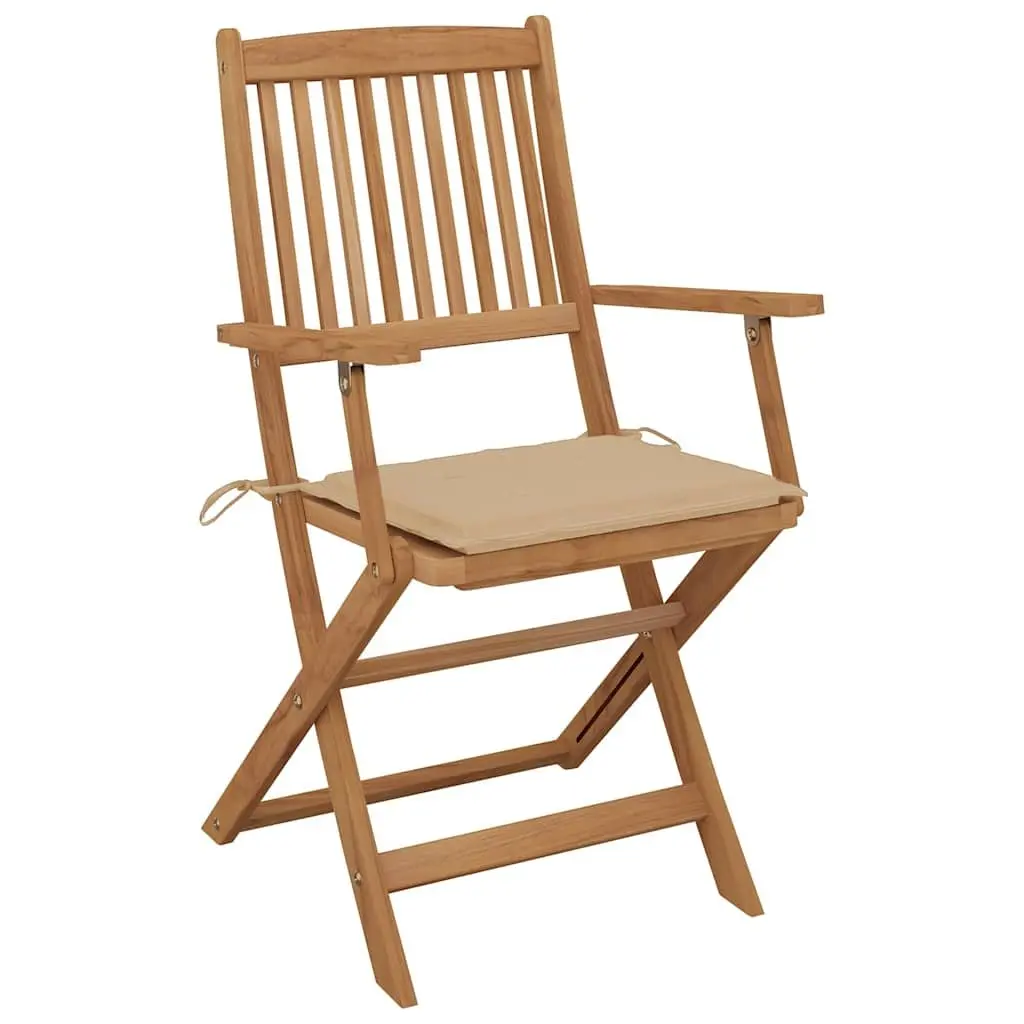 Folding Garden Chairs Beige Set of 8 Solid Acacia Wood Cushions Outdoor Seating