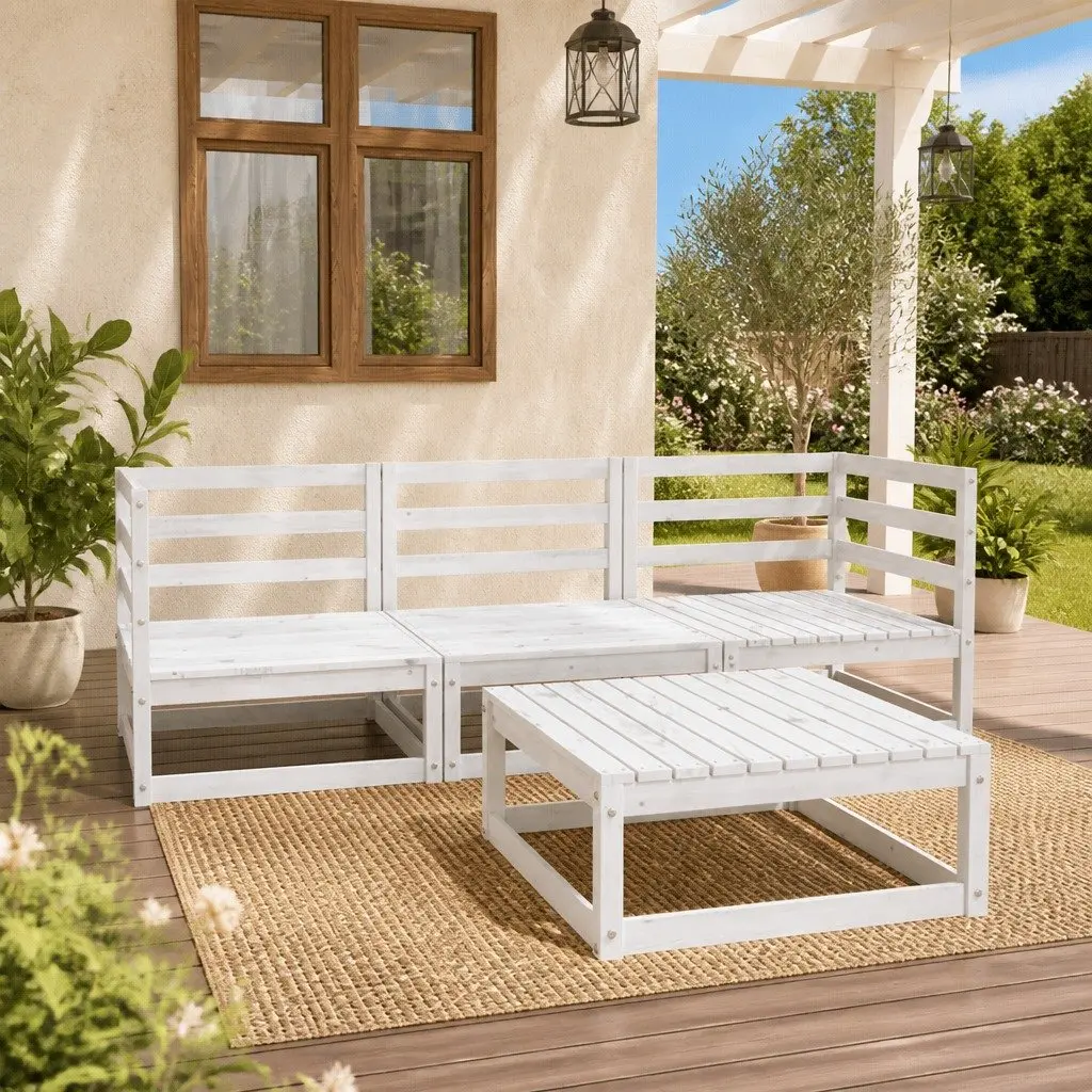 4 Piece Outdoor Lounge Set White Solid Pinewood Modular Patio Sofa