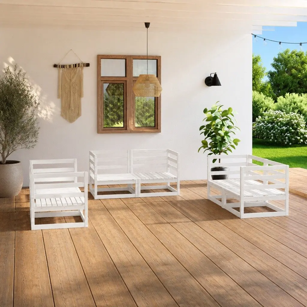 Garden Lounge Set White 6 Piece Solid Pinewood Modular Outdoor Furniture
