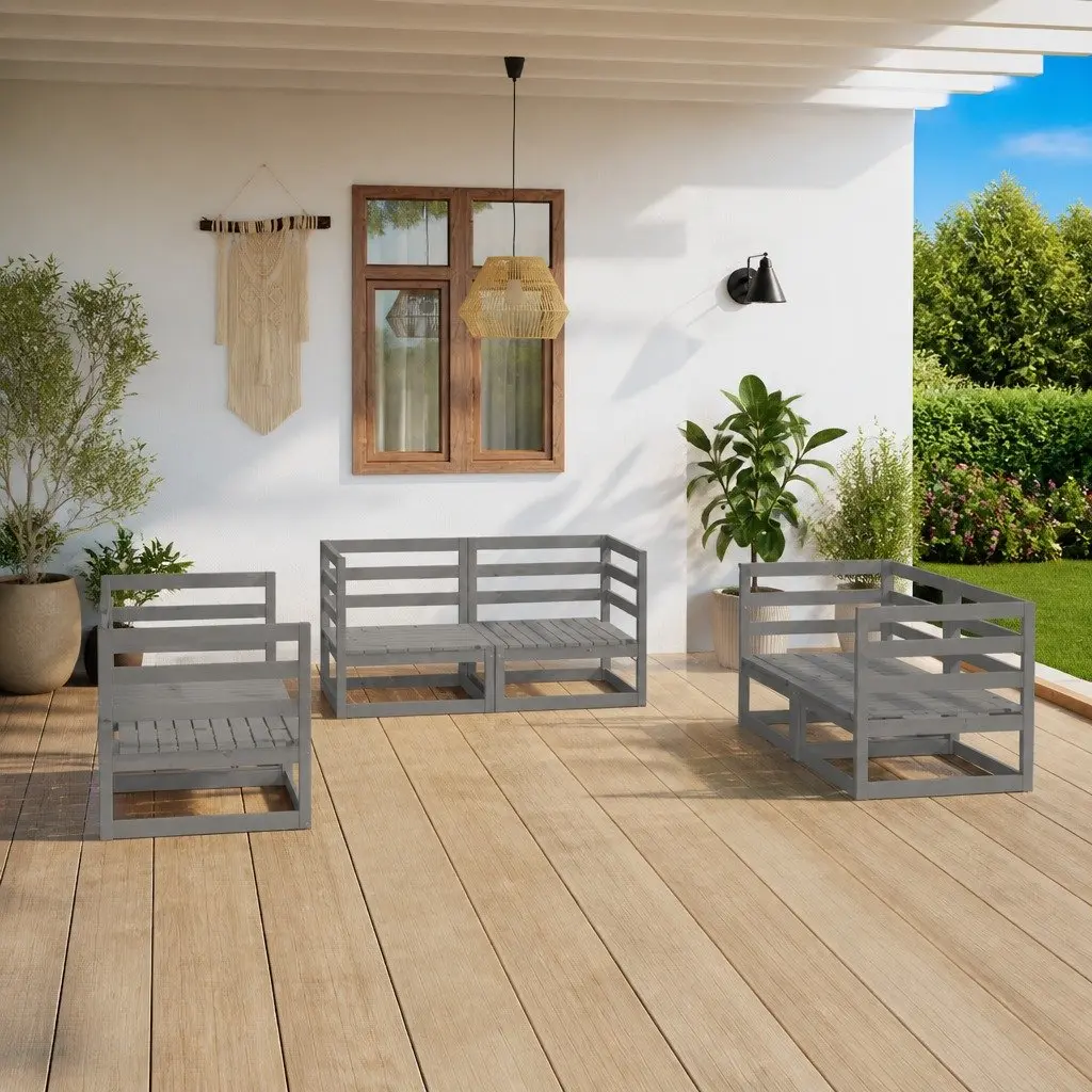 Garden Lounge Set Grey 6 Piece Solid Pinewood Modular Outdoor Furniture