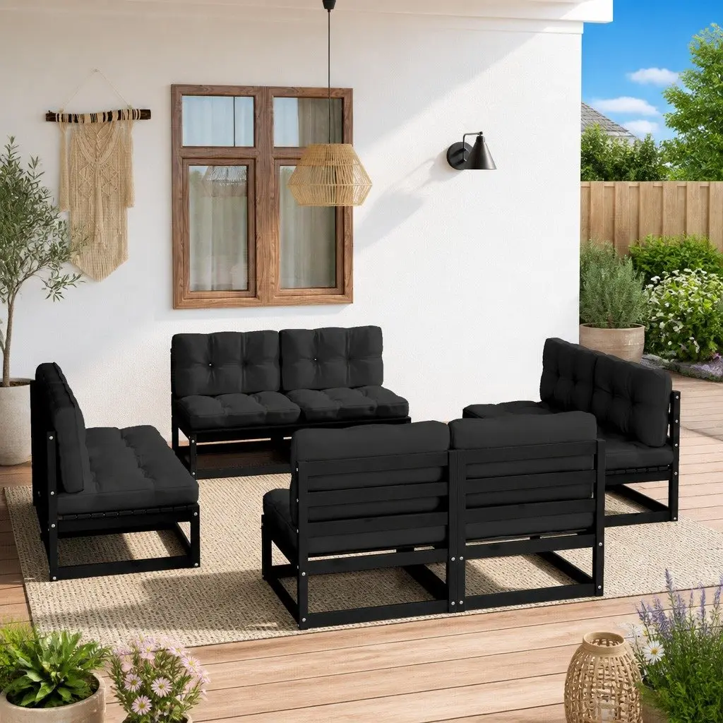 Garden Lounge Set Black 8 Piece Solid Pinewood with Cushions