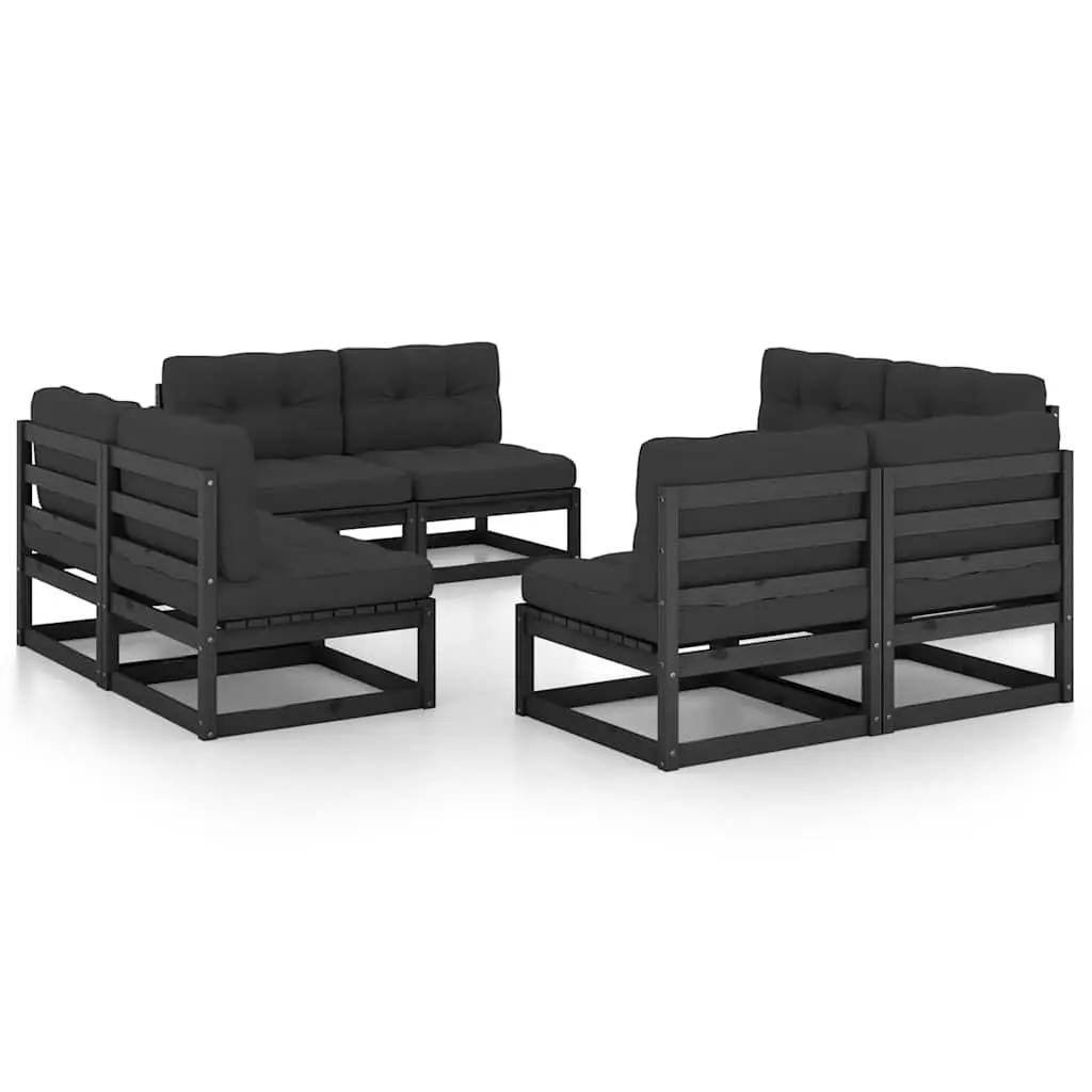 Garden Lounge Set Black 8 Piece Solid Pinewood with Cushions