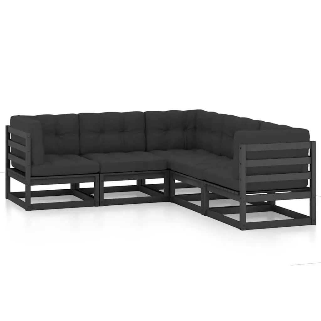 Garden Lounge Set Black 5 Piece Solid Pinewood Outdoor Furniture with Cushions