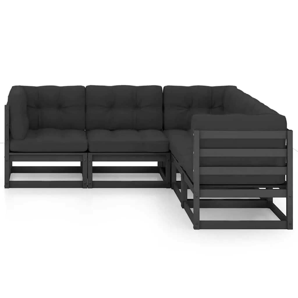 Garden Lounge Set Black 5 Piece Solid Pinewood Outdoor Furniture with Cushions
