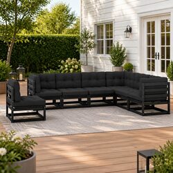 7 Piece Outdoor Garden Lounge Set with Cushions Black Solid Wood Patio Furniture