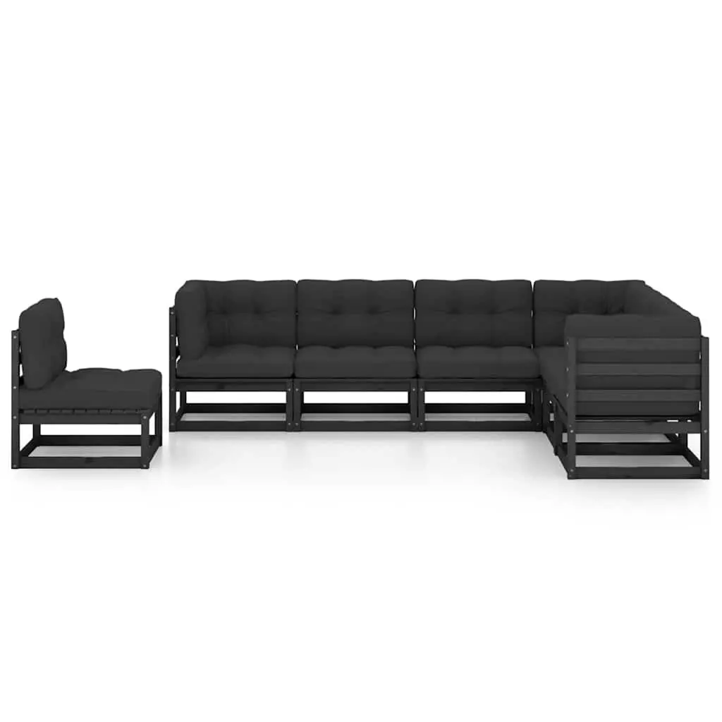 7 Piece Garden Lounge Set Black Solid Pinewood Cushions Included