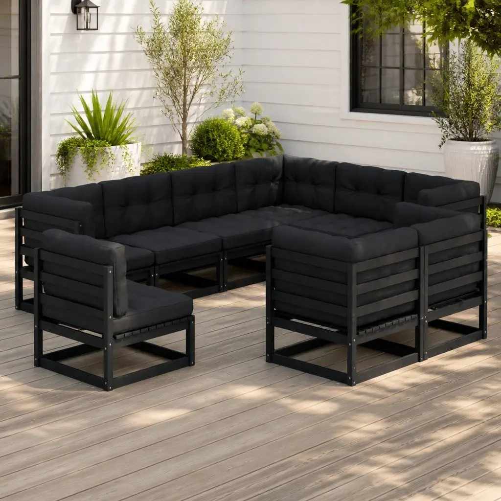 Garden Lounge Set Black 9 Piece Outdoor Furniture Solid Pinewood Sofa with Cushions