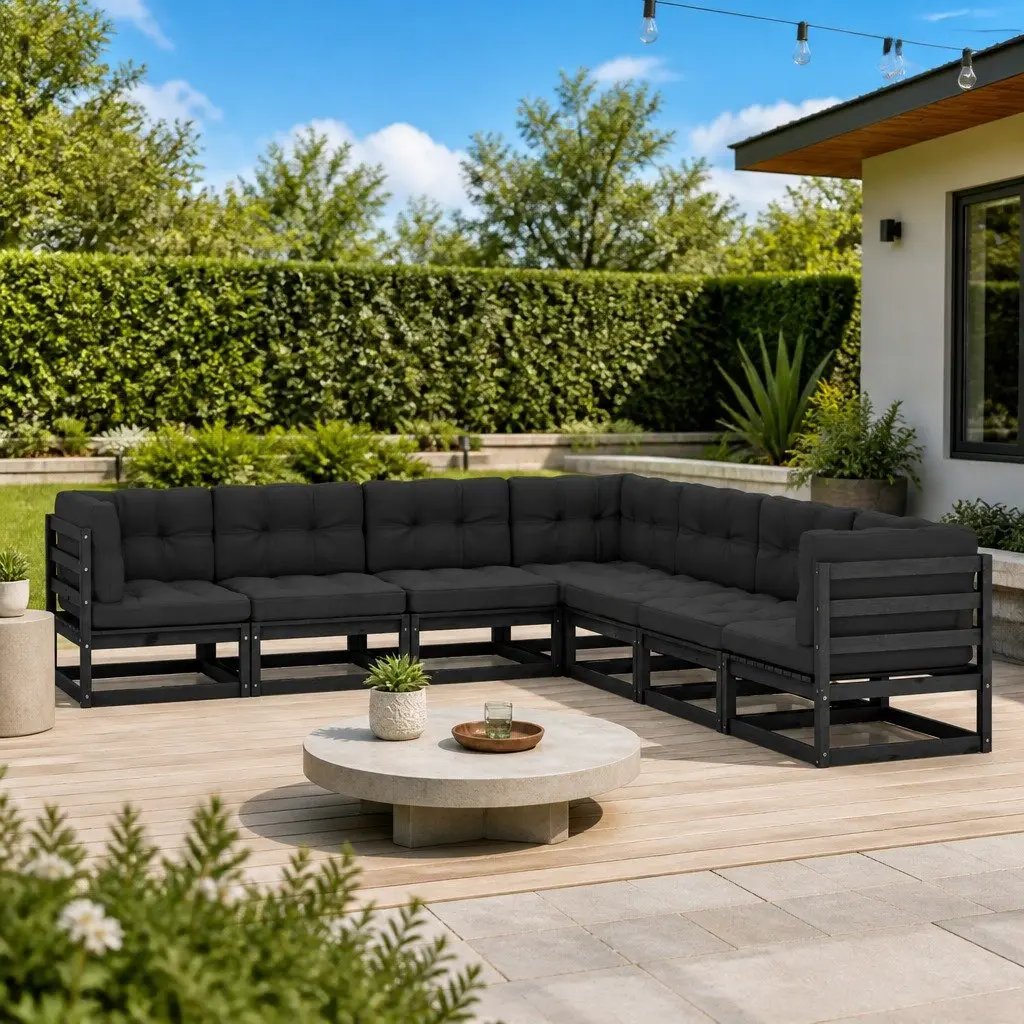 Garden Lounge Set Black Pinewood 7 Piece Outdoor Furniture with Cushions Solid Construction