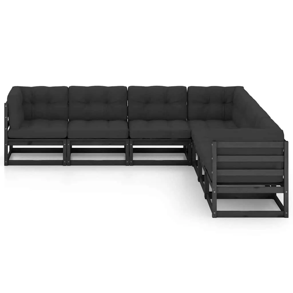 Garden Lounge Set Black Pinewood 7 Piece Outdoor Furniture with Cushions Solid Construction
