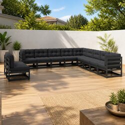 11 Piece Garden Lounge Set with Cushions Solid Pinewood Outdoor Furniture Black