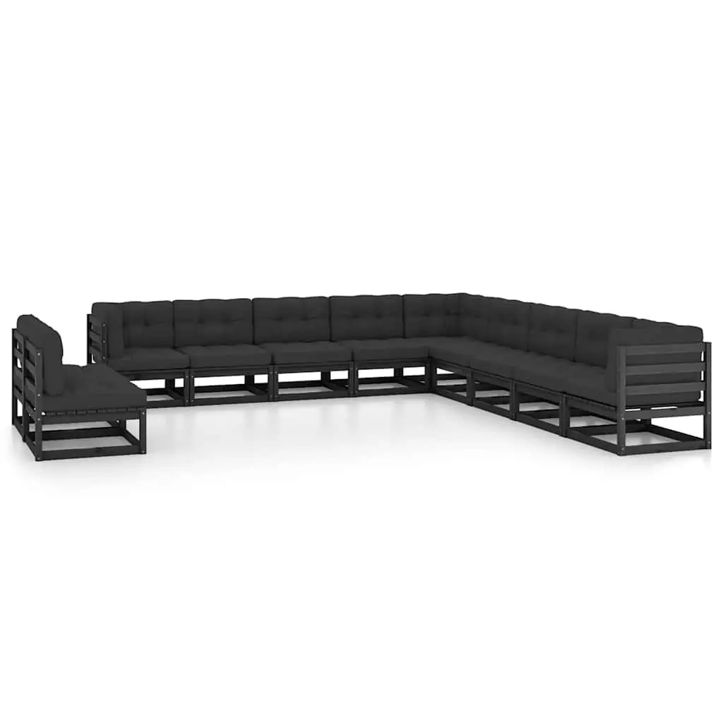 11 Piece Garden Lounge Set Black Solid Pinewood Cushions Outdoor Furniture