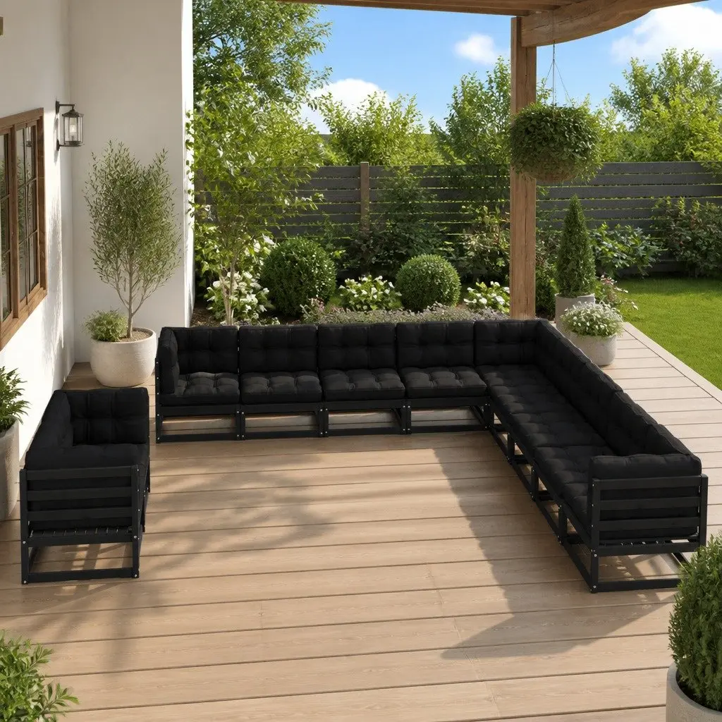 11 Piece Garden Lounge Set Black Solid Pinewood Outdoor Furniture with Cushions