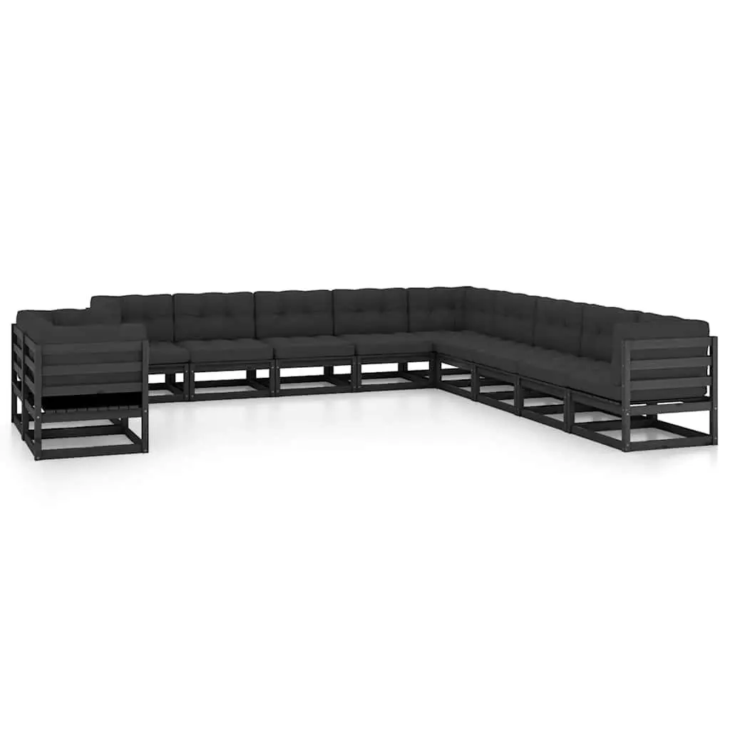 11 Piece Garden Lounge Set Black Solid Pinewood Outdoor Furniture with Cushions