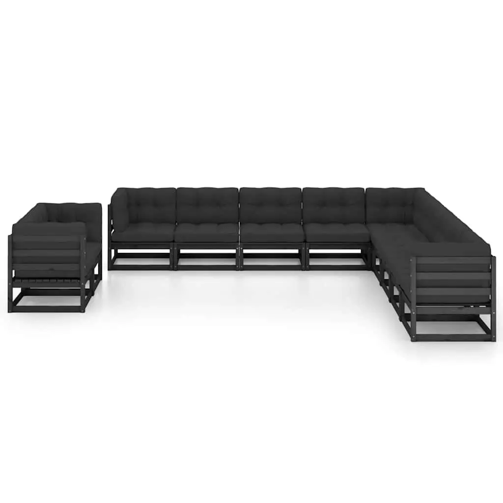 11 Piece Garden Lounge Set Black Solid Pinewood Outdoor Furniture with Cushions