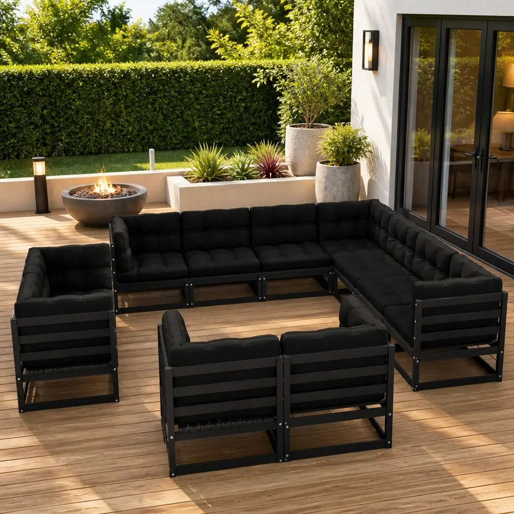11 Piece Garden Lounge Set Black Pinewood Cushions Outdoor Sofa