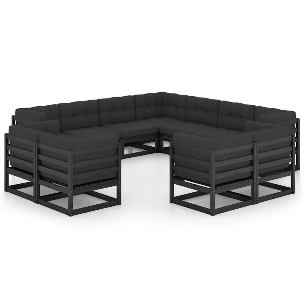 11 Piece Garden Lounge Set Black Pinewood Cushions Outdoor Sofa