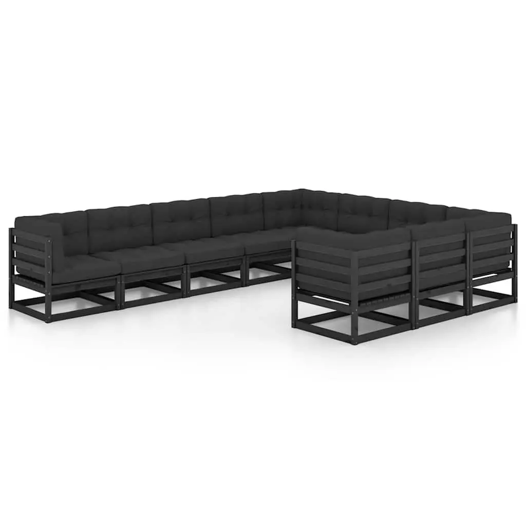 Garden Lounge Set Black 10 Piece Outdoor Furniture Solid Pinewood Sofa with Cushions