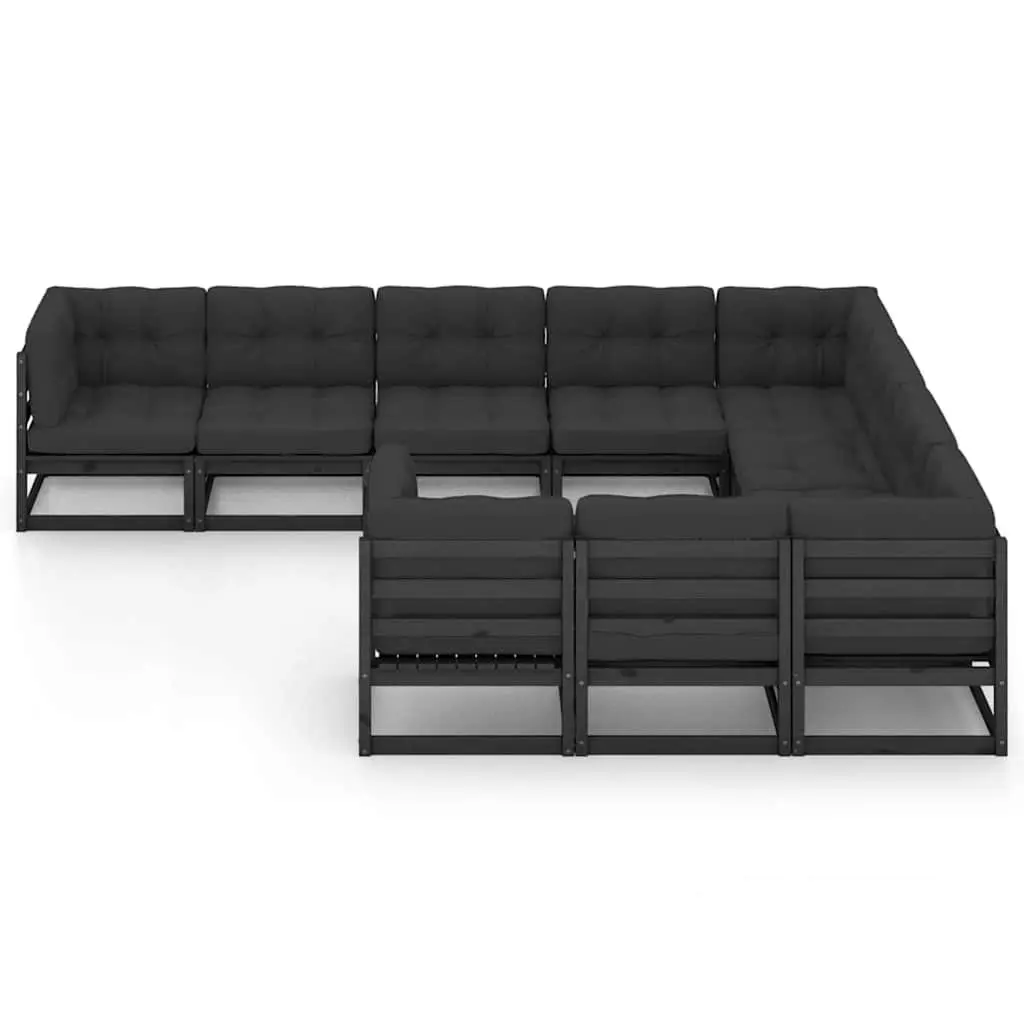 Garden Lounge Set Black 10 Piece Outdoor Furniture Solid Pinewood Sofa with Cushions