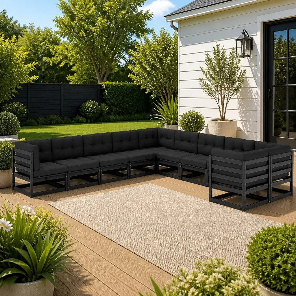 10 Piece Garden Lounge Set Black Solid Pinewood Outdoor Furniture with Cushions
