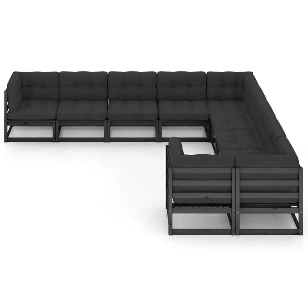 10 Piece Garden Lounge Set Black Solid Pinewood Outdoor Furniture with Cushions