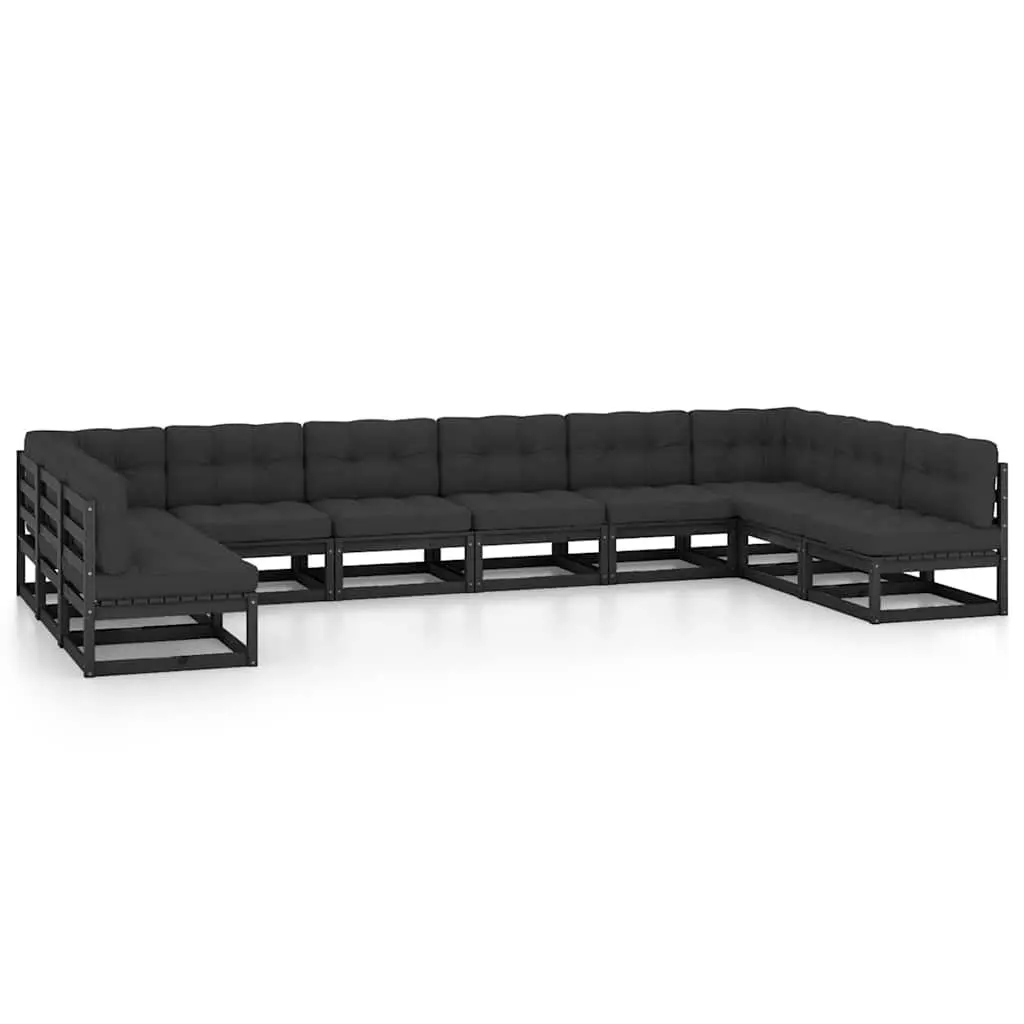 Garden Lounge Set Black 10 Piece Outdoor Furniture Solid Pinewood Sofa with Cushions